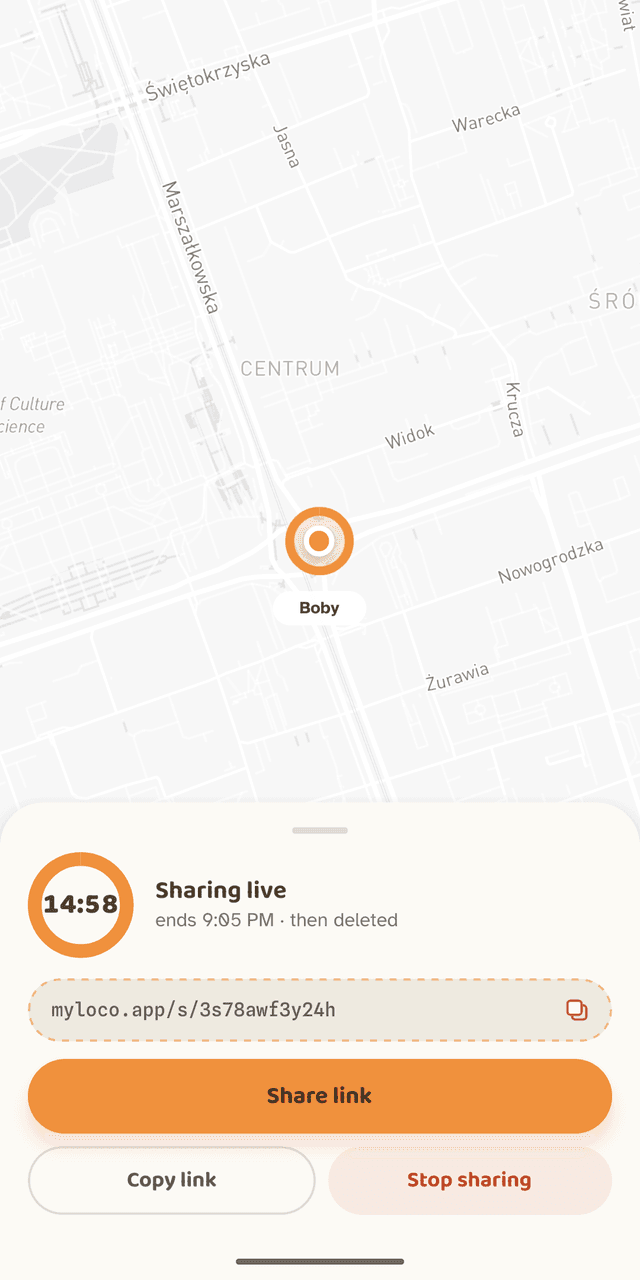 MyLoco app screenshot sharing a live location